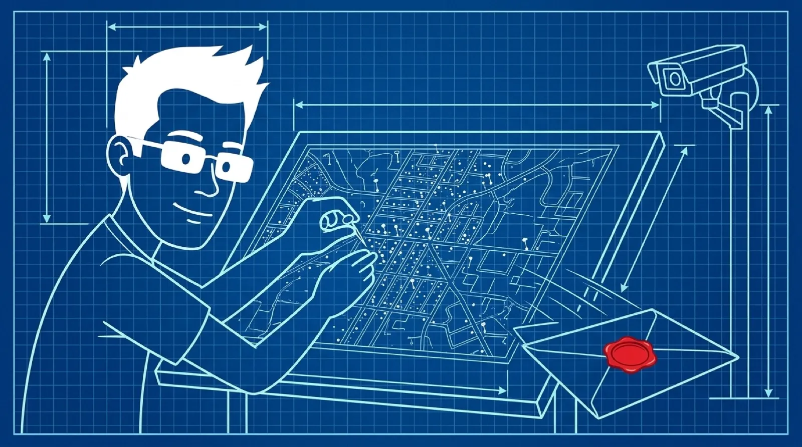 Chris at a drafting table pinning camera markers onto a large street map while a stern envelope slides in from the side