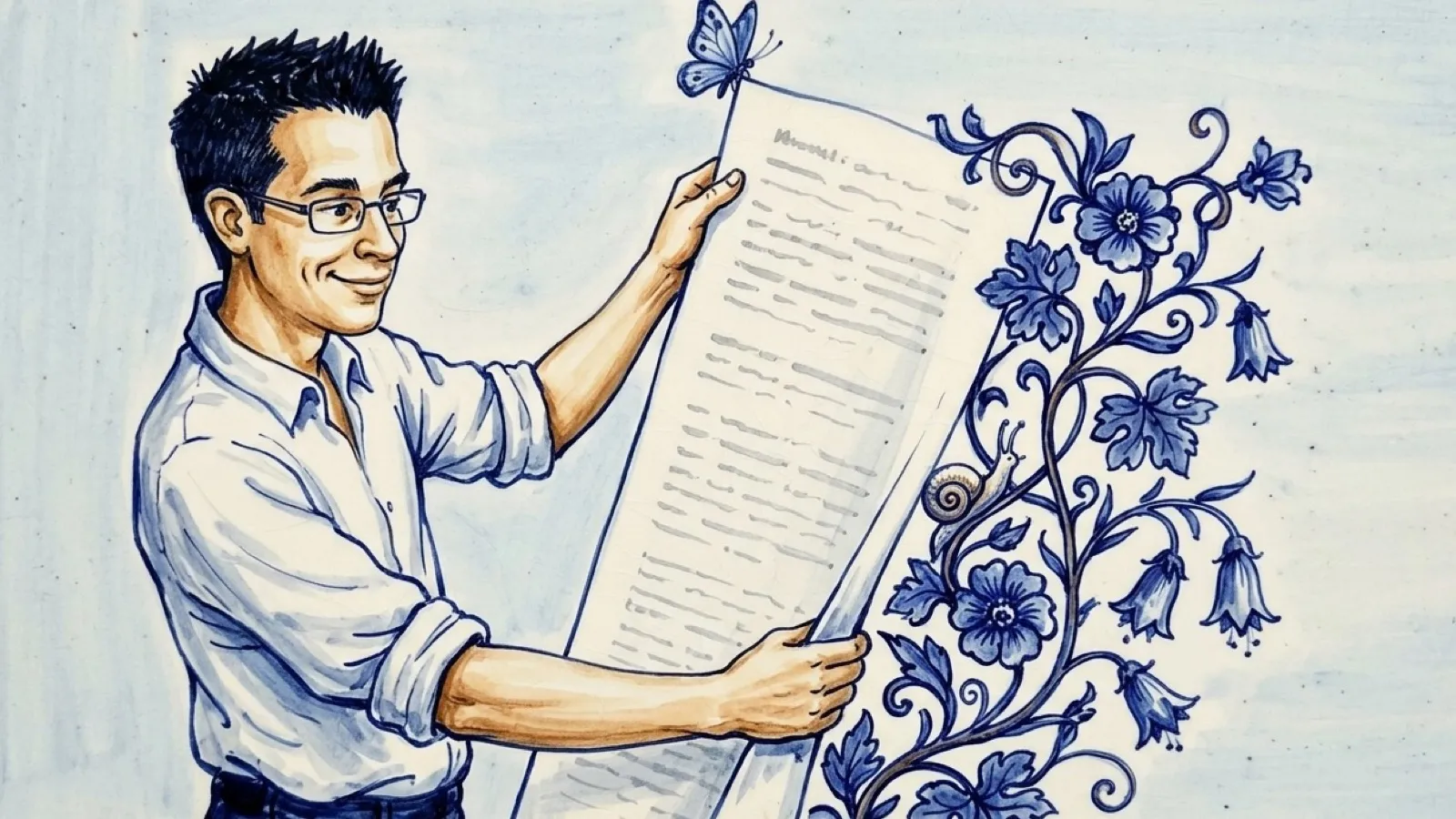 Chris Pirillo painted on a glazed blue-and-white majolica tile, reading a tall page whose margin is overgrown with blue flowers, a snail and a butterfly