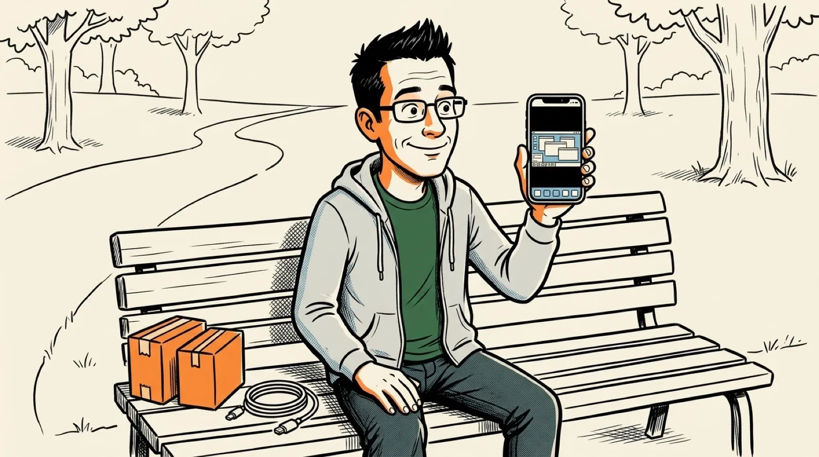 Chris Pirillo, drawn as an ink-and-spot-color glossary illustration, sitting on a park bench holding up one iPhone that shows a tiny desktop with windows on its screen
