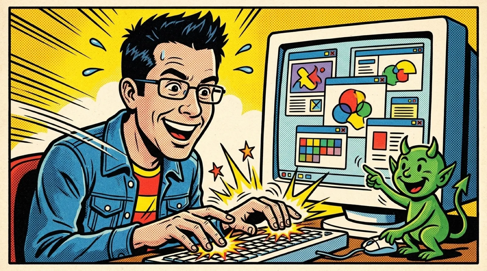 Comic-style Chris watches a small friendly daemon rearrange windows on a monitor