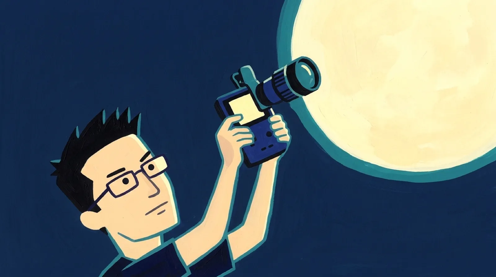 Chris holds up a handheld game console with a clip-on zoom lens toward a full moon