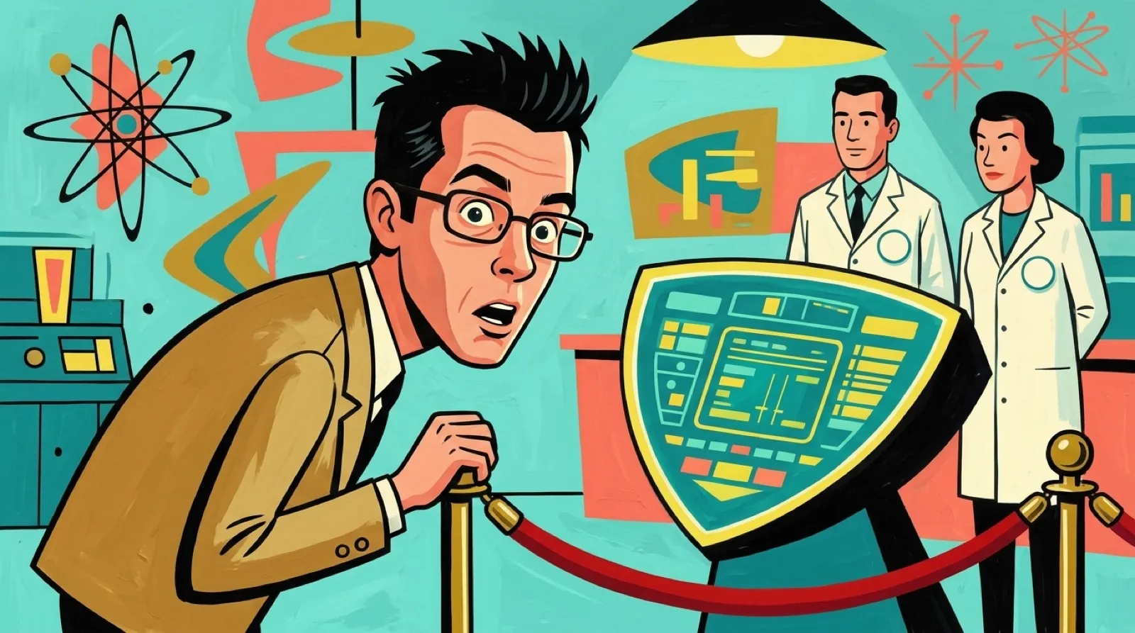 Chris peers through a velvet rope at a glowing lab console that only badge-wearing defenders may use