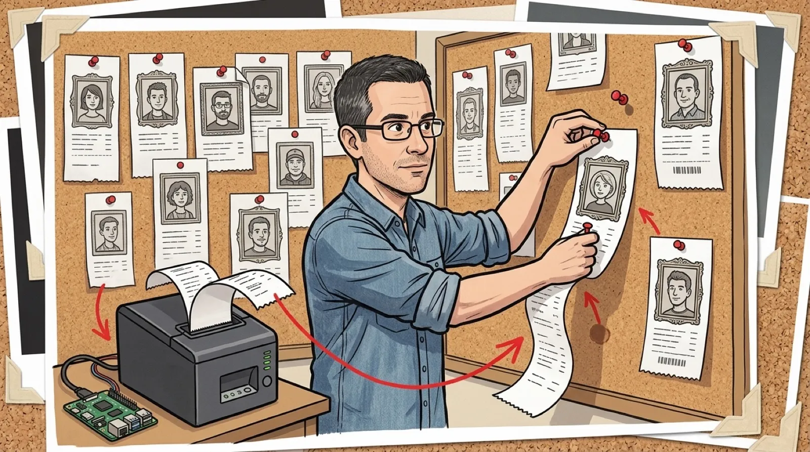 Chris Pirillo pins a receipt printed with a stranger's framed profile picture onto a crowded corkboard while a receipt printer feeds out the next one