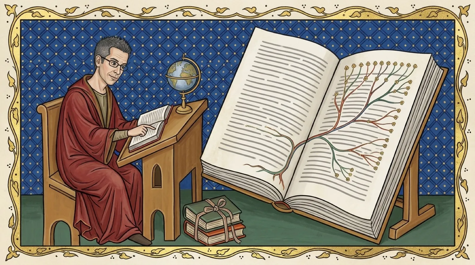 Chris Pirillo as an illuminated manuscript painting, tracing a branching line of colored threads through a huge open book of laws beside a globe