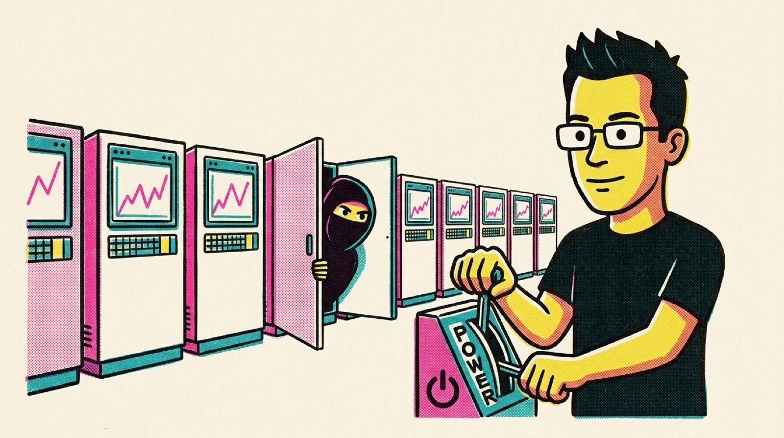 Risograph print of Chris pulling a big power lever beside a row of small server cabinets with trading-chart screens, a hooded stranger peeking out of one.