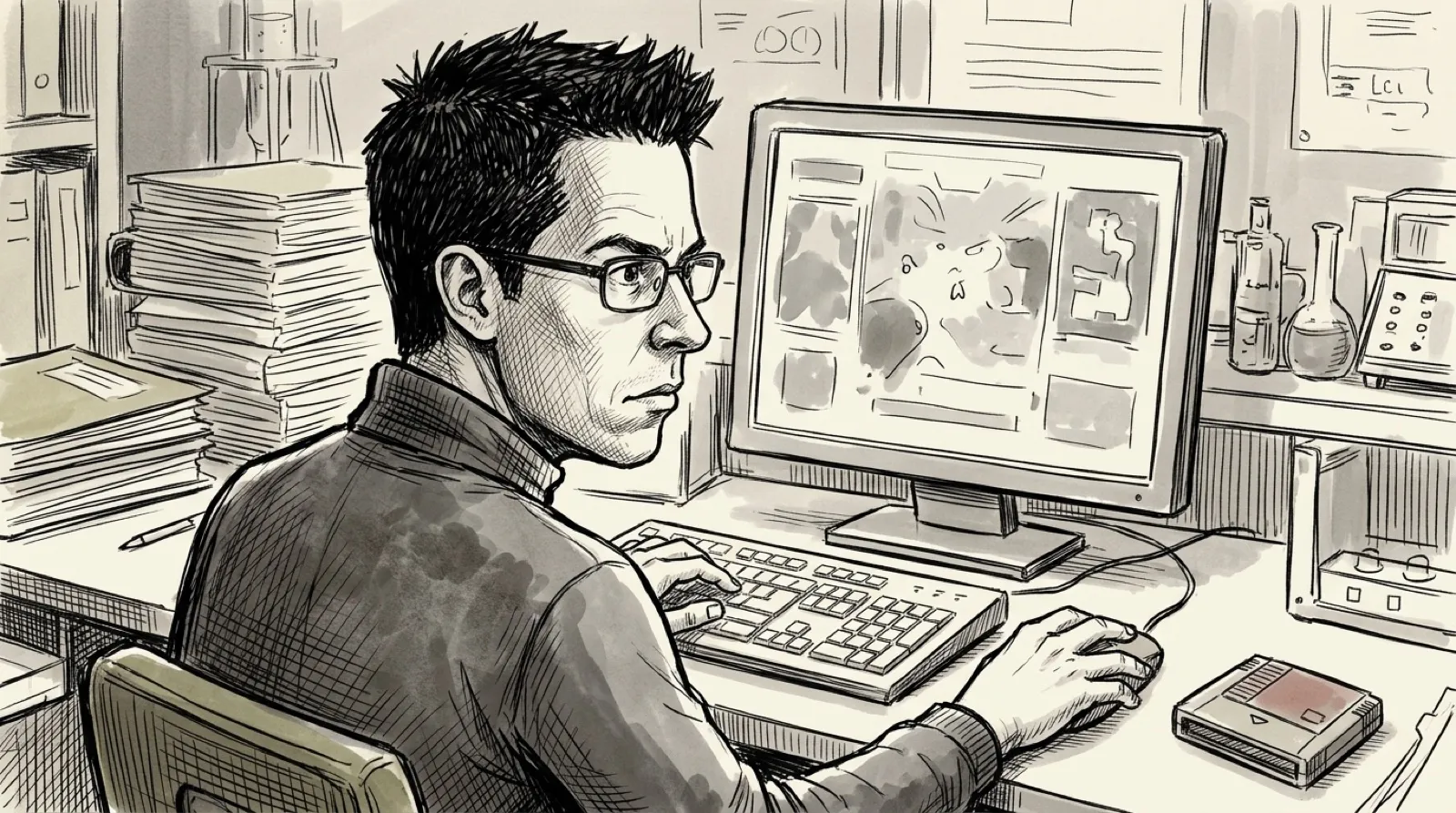 Chris, sketched in pen and gray wash, plays a spy shooter on a PC with mouse and keyboard