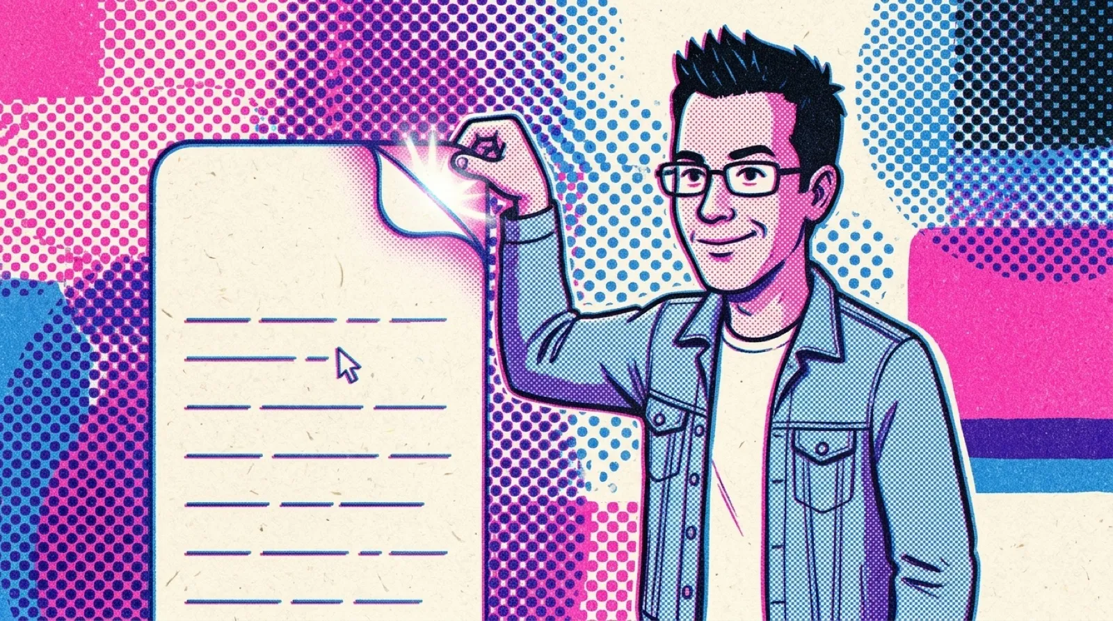Risograph print of Chris peeling a big glowing box off a tall page of plain underlined link lines