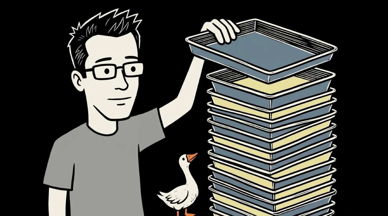 Chris lifts the top tray off a tall, neat stack of trays while a small white goose looks up from its base.
