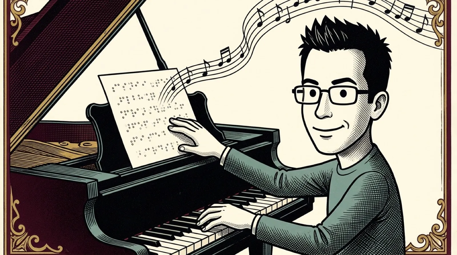 Victorian sheet-music lithograph of Chris at a grand piano, one hand on a page of raised dots as musical notes rise from it.