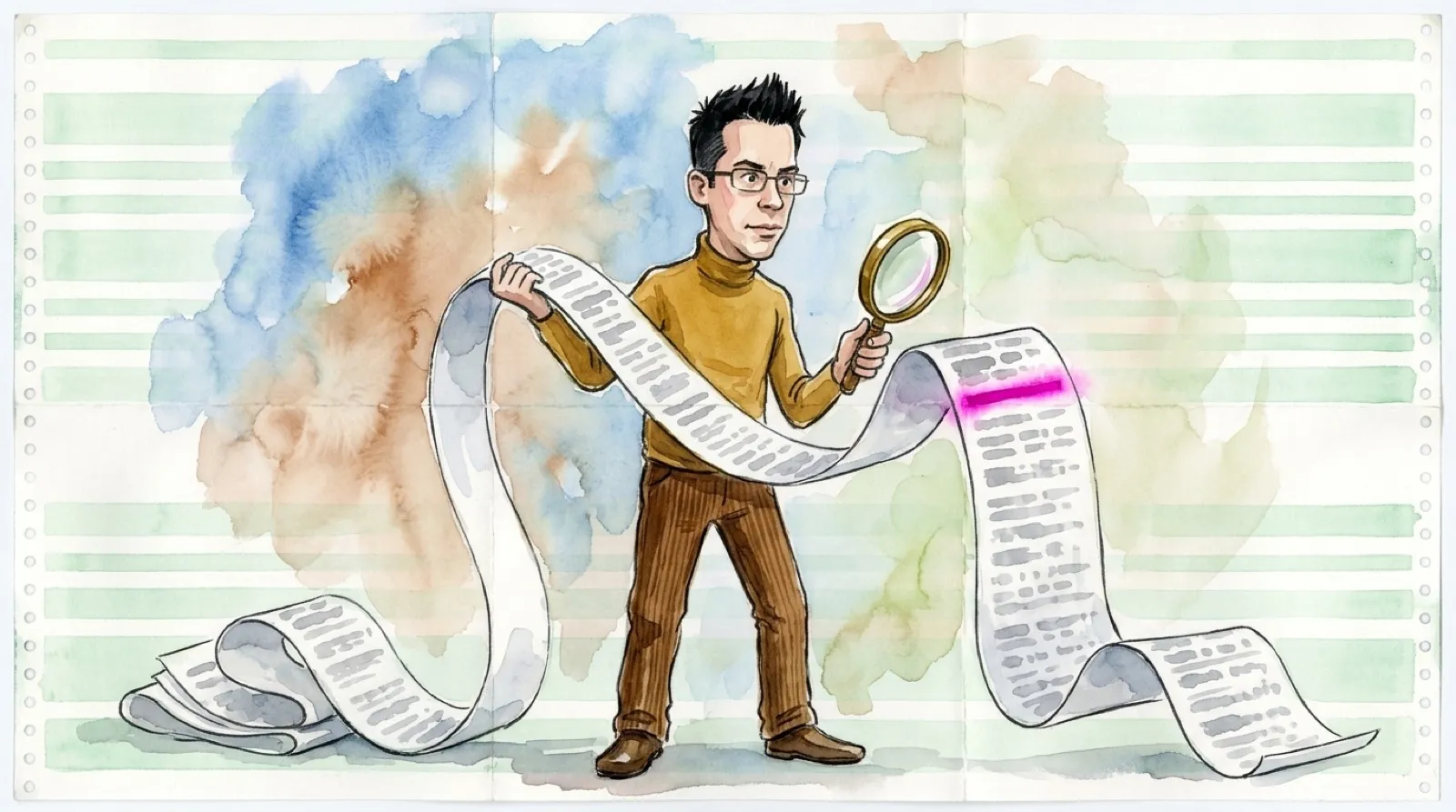 In a watercolor scene on fan-fold printer paper, Chris pulls a long strip of printout toward him and holds a magnifying glass over one highlighted line.