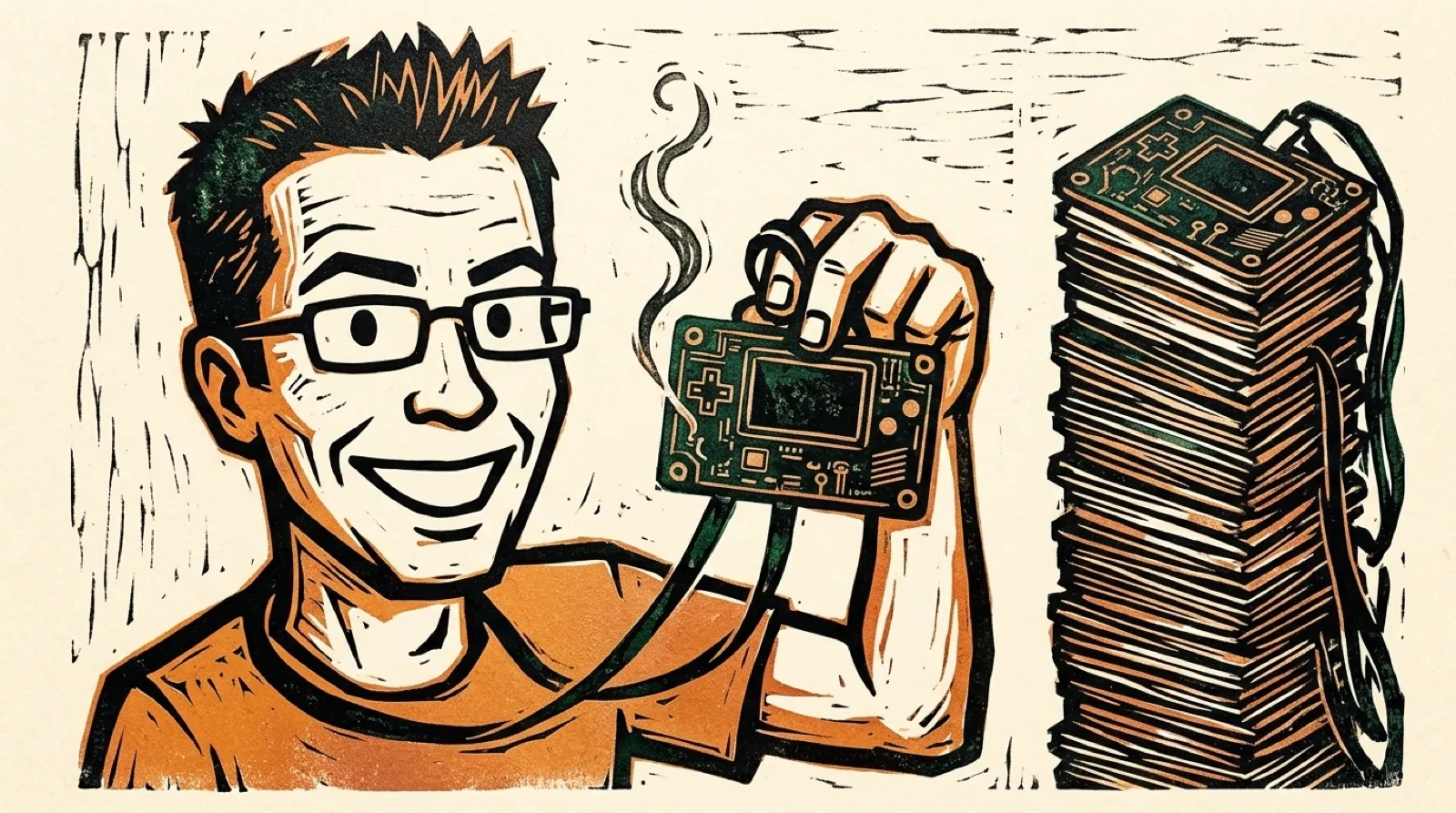 Chris, in a bold linocut print, holds up a small handheld circuit-board badge on a lanyard with a wisp of smoke curling off it while stacks of identical badges tower beside him