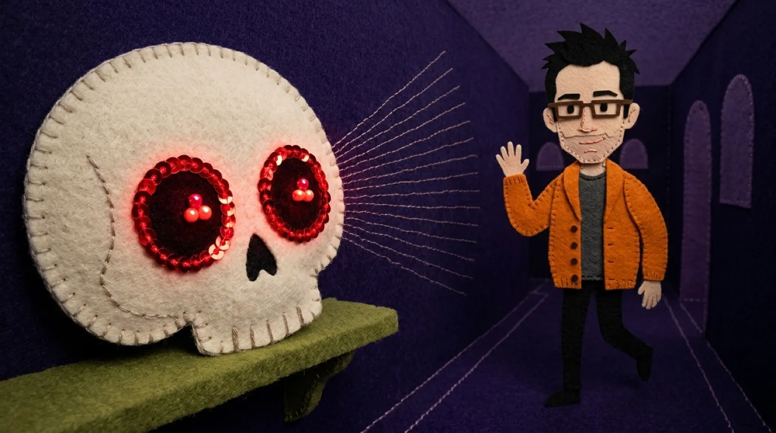 A felt appliqué scene of Chris in a cardigan stepping into a dim hallway as a white felt skull on a shelf turns its glowing ring eyes toward him.
