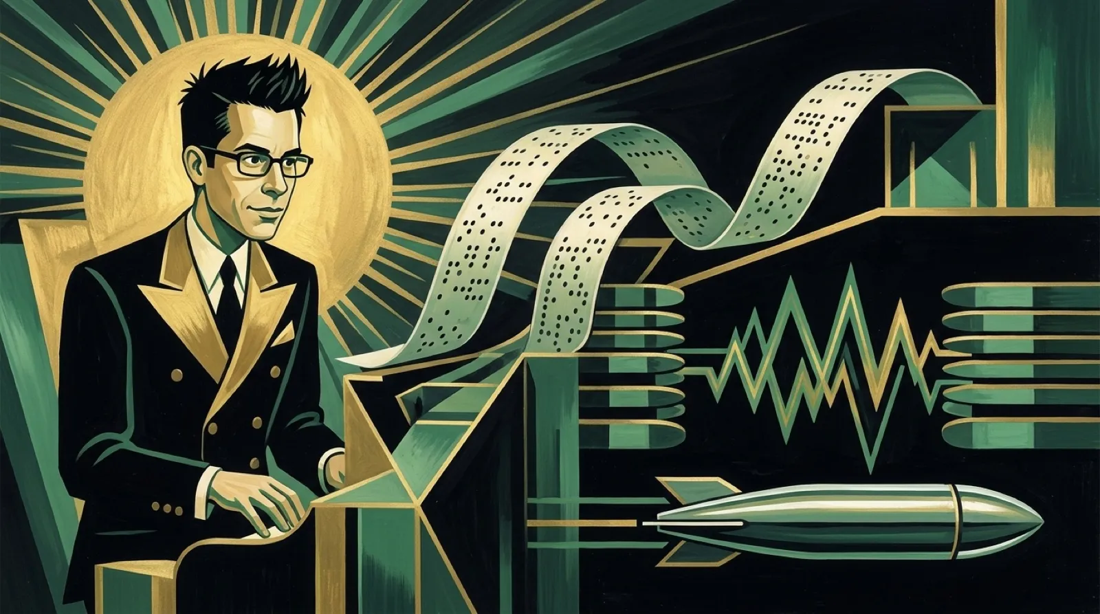 Chris studies two synchronized player-piano rolls as radio waves hop between them