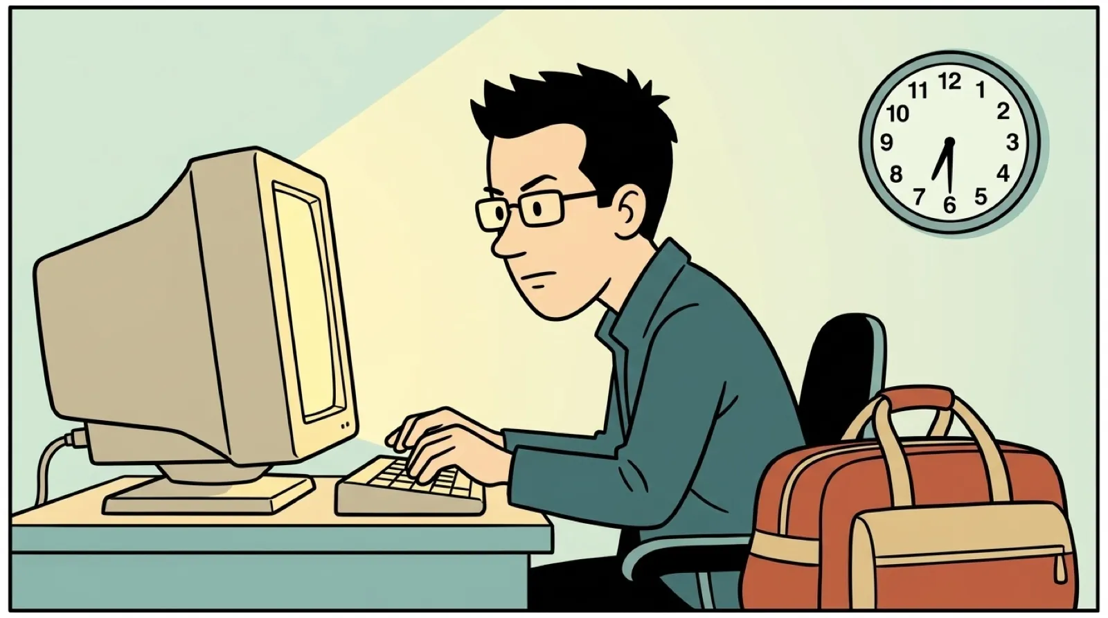 Chris at a desk in a quiet office at dawn, typing at a bulky CRT monitor, a packed travel bag at his feet and a wall clock behind him