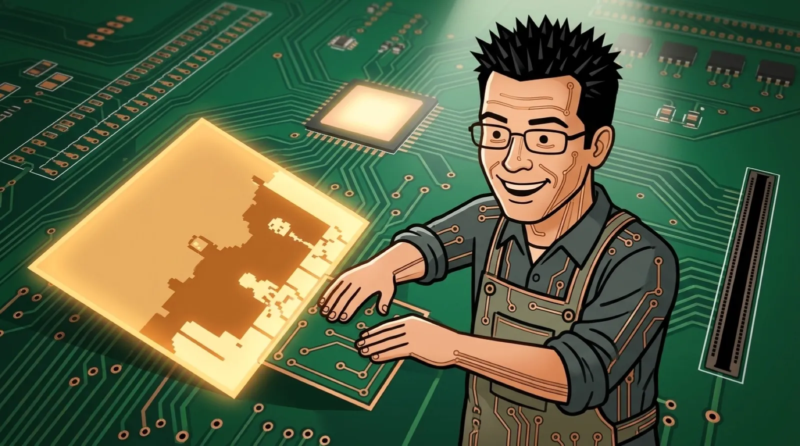 Drawn as a circuit board, Chris folds a huge glowing game picture down into a small square so it fits through a narrow slot at the board's edge.