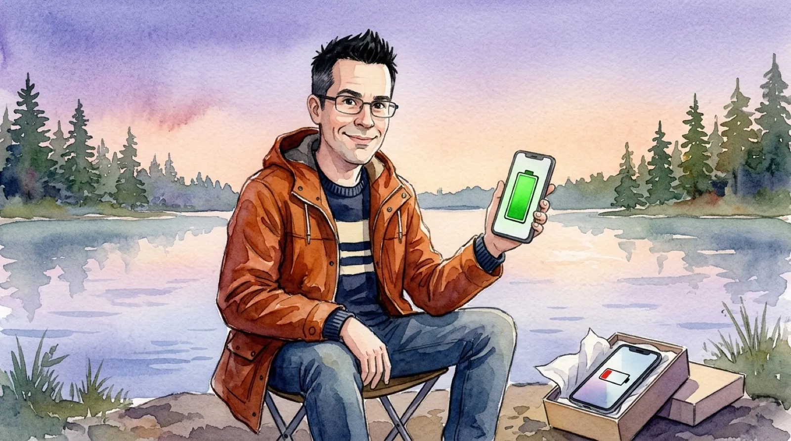 Watercolor of Chris sitting on a camp stool at dusk, holding a plain phone that shows a tall, full battery, while a fancier phone in an open gift box sits beside him with a shorter battery