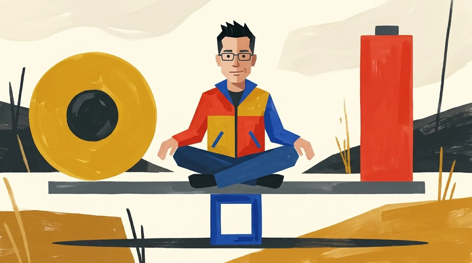An abstract gouache poster: Chris balances a huge camera-lens circle and a tall battery bar on a seesaw while a small square frame holds the middle down.