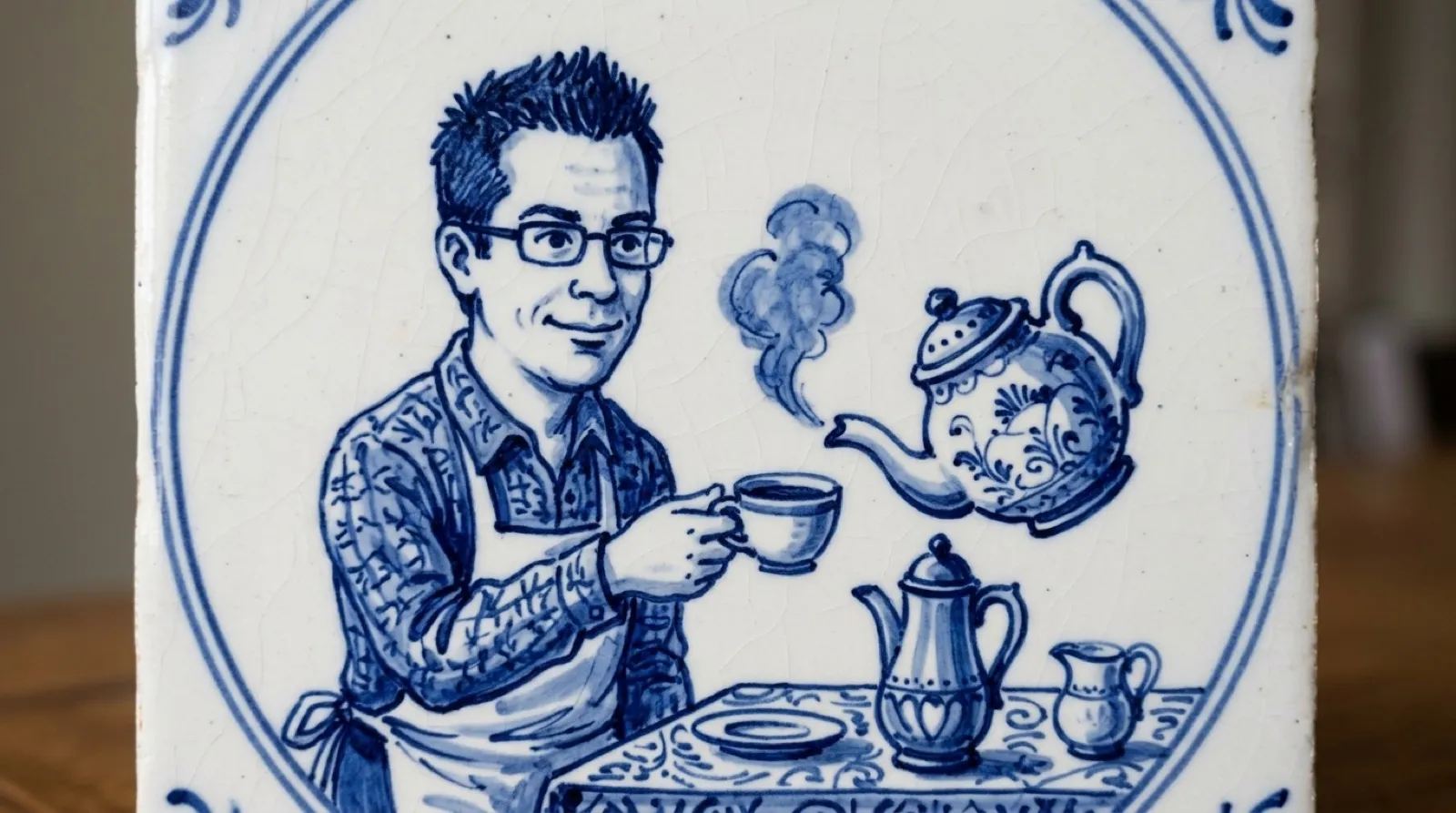 Chris on a blue-and-white tile, pouring from a teapot that refuses to brew coffee
