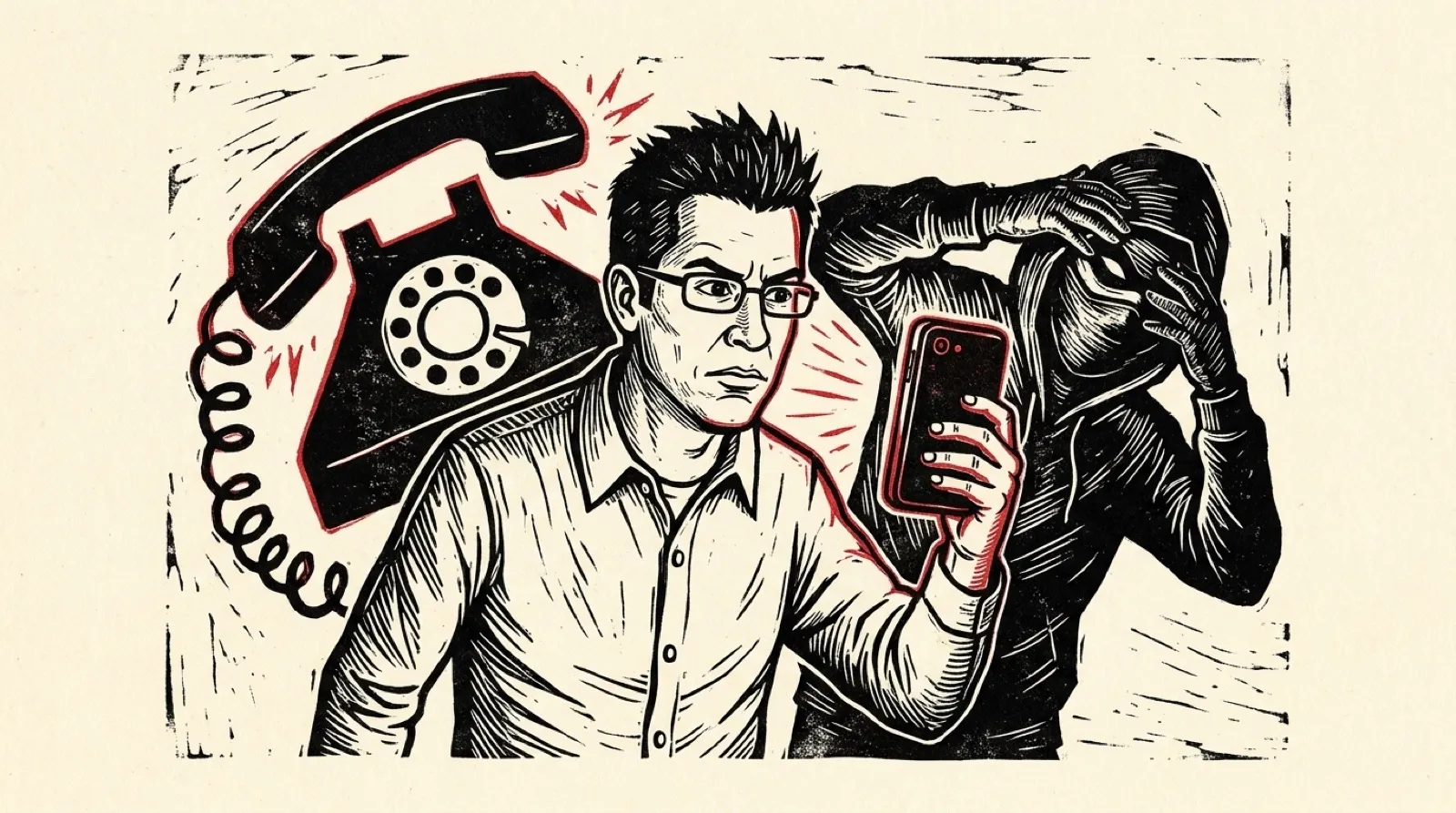 Linocut of Chris holding a phone that shields him from a shadowy fake caller