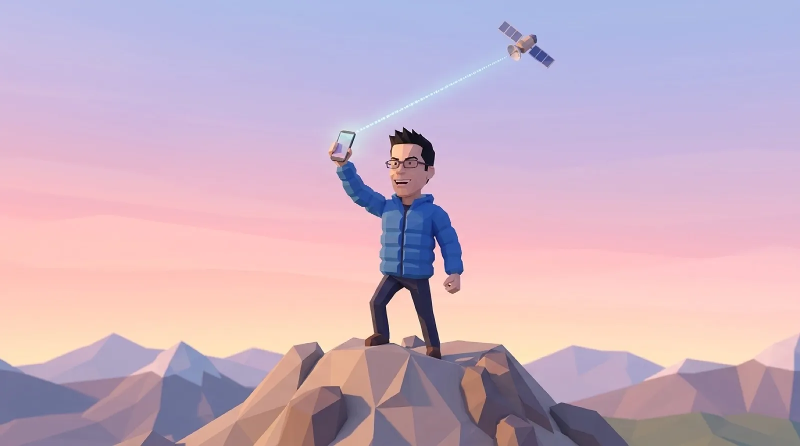Chris on a mountaintop sends a message from his phone to a satellite overhead