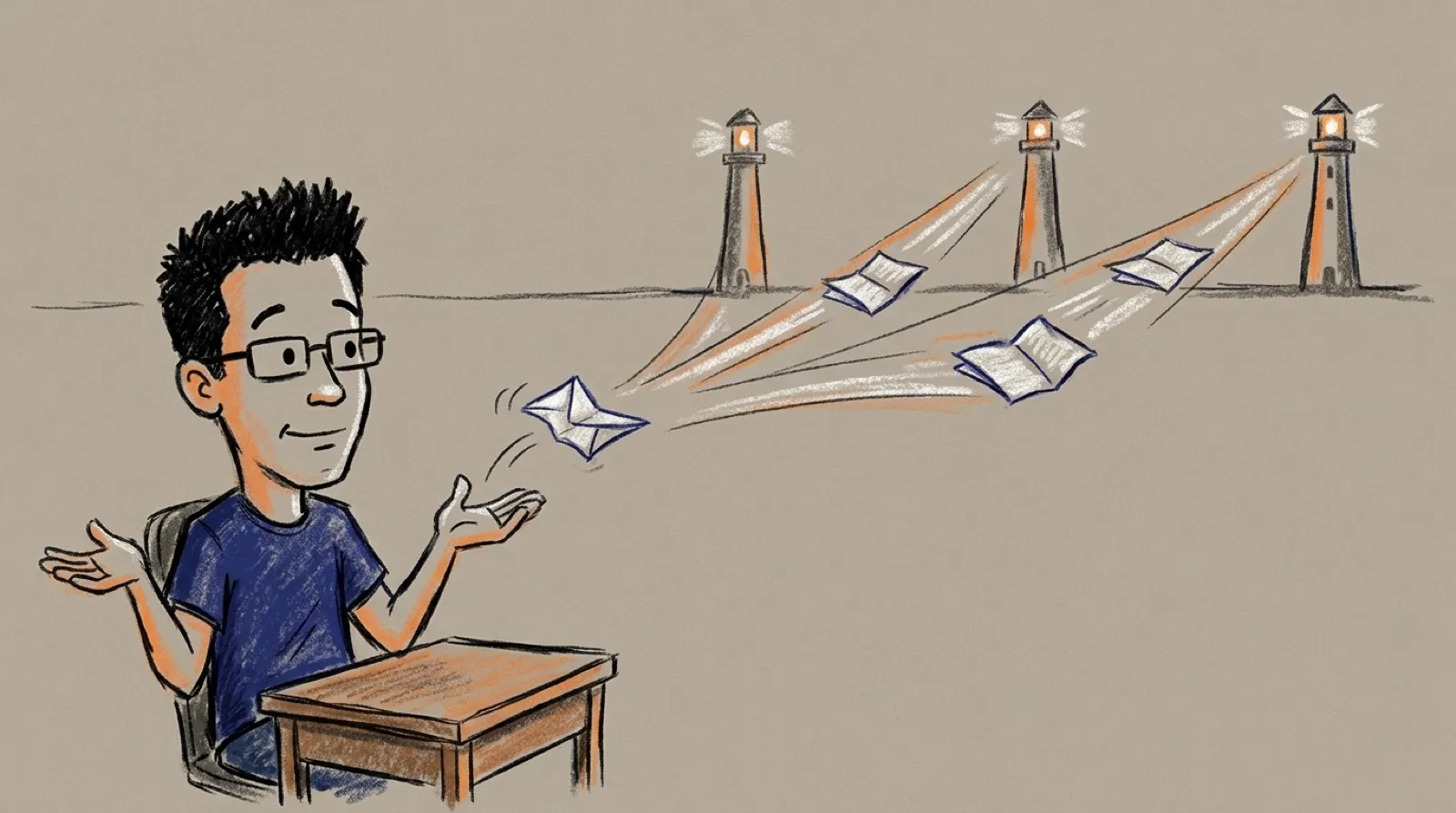 Chalk-pastel Chris at a small desk shrugs as one paper slip he tossed splits into three copies flying toward three distant lit towers