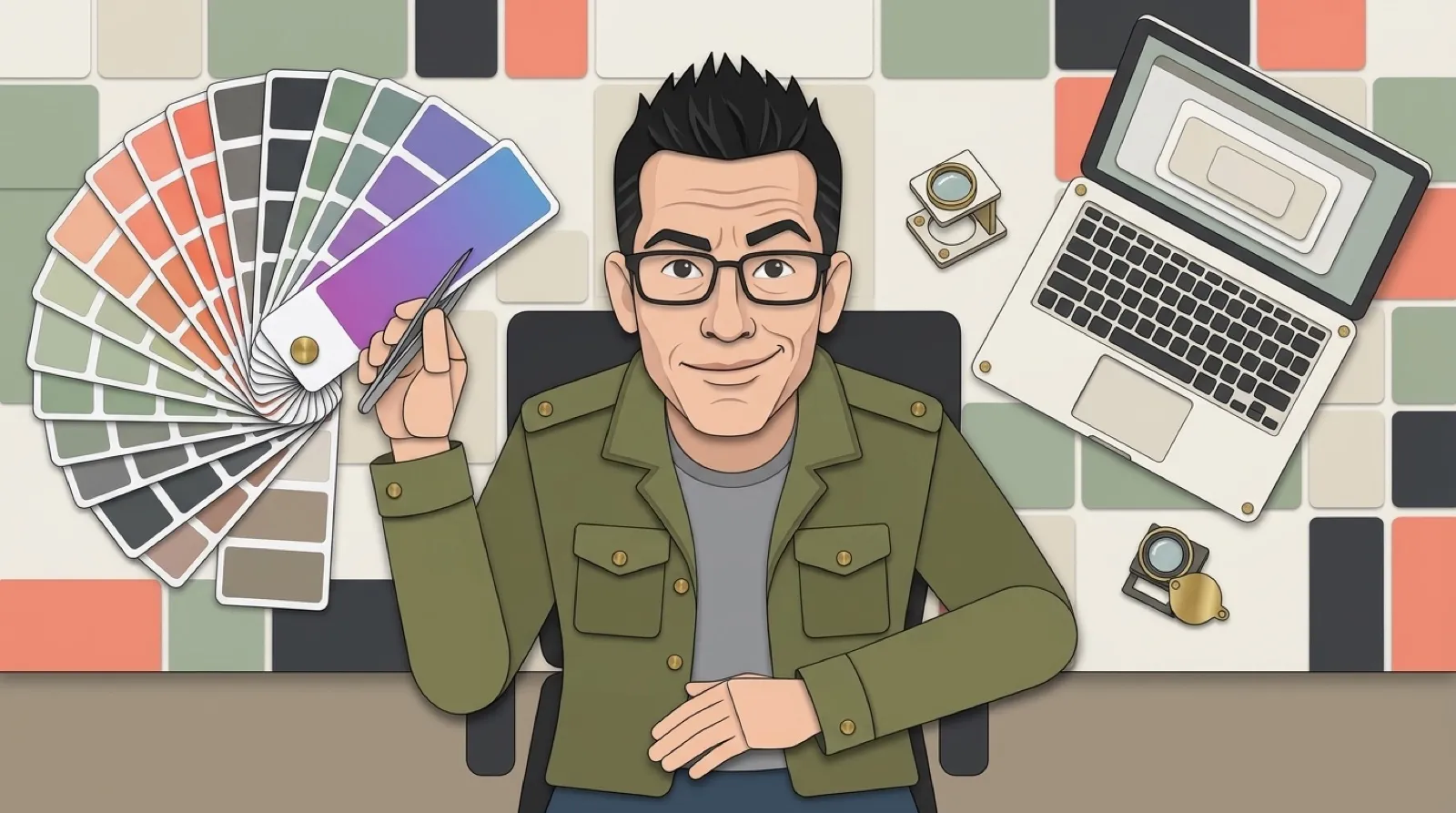 Chris at a laptop plucks a purple-to-blue gradient swatch out of a fan of color swatches with tweezers, drawn as a designer's swatchbook.