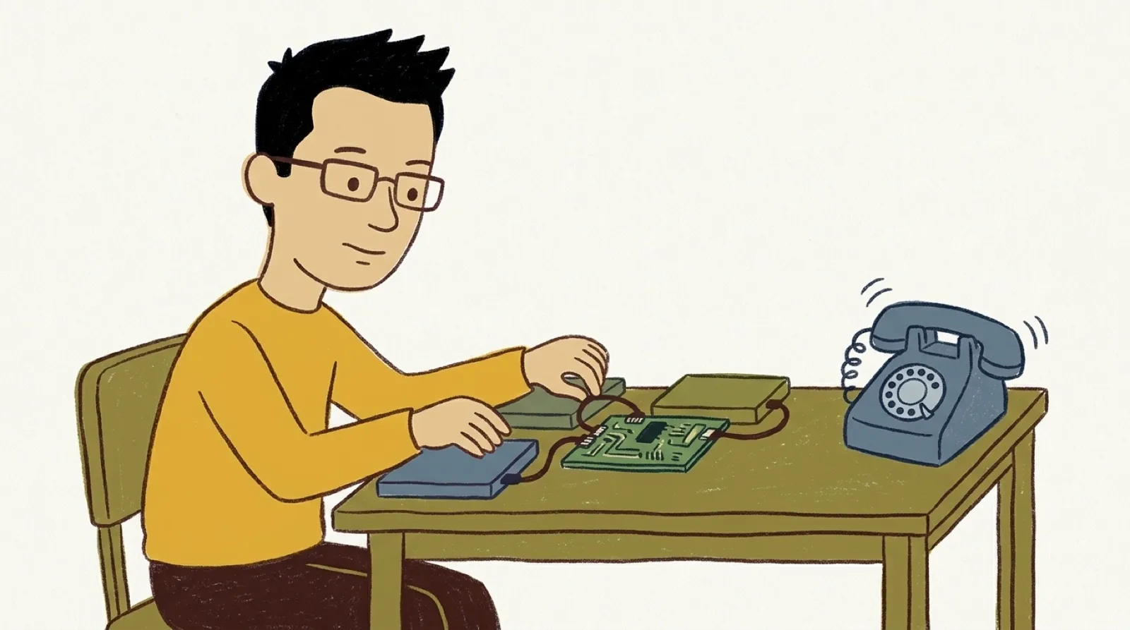 Chris sits at a small desk wiring two old laptop drives to a tiny circuit board while a desk phone beside him rings