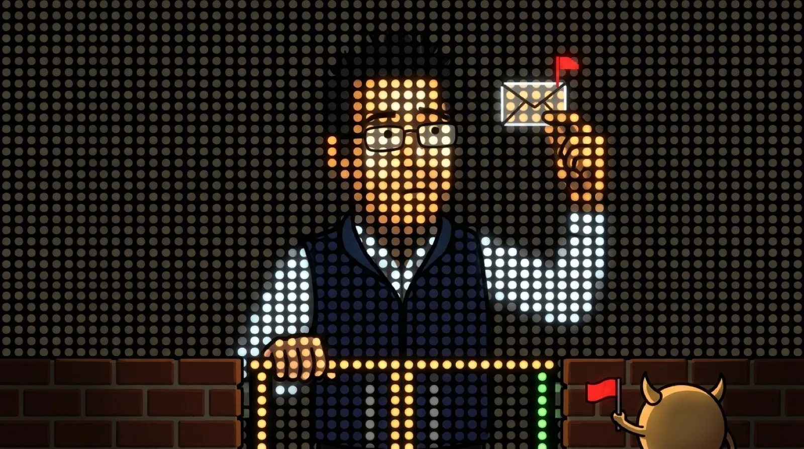Chris Pirillo as a firewall gatekeeper, drawn in glowing LED lamps, holding up a small packet whose tiny red flag is raised while a horned packet creature waits in line