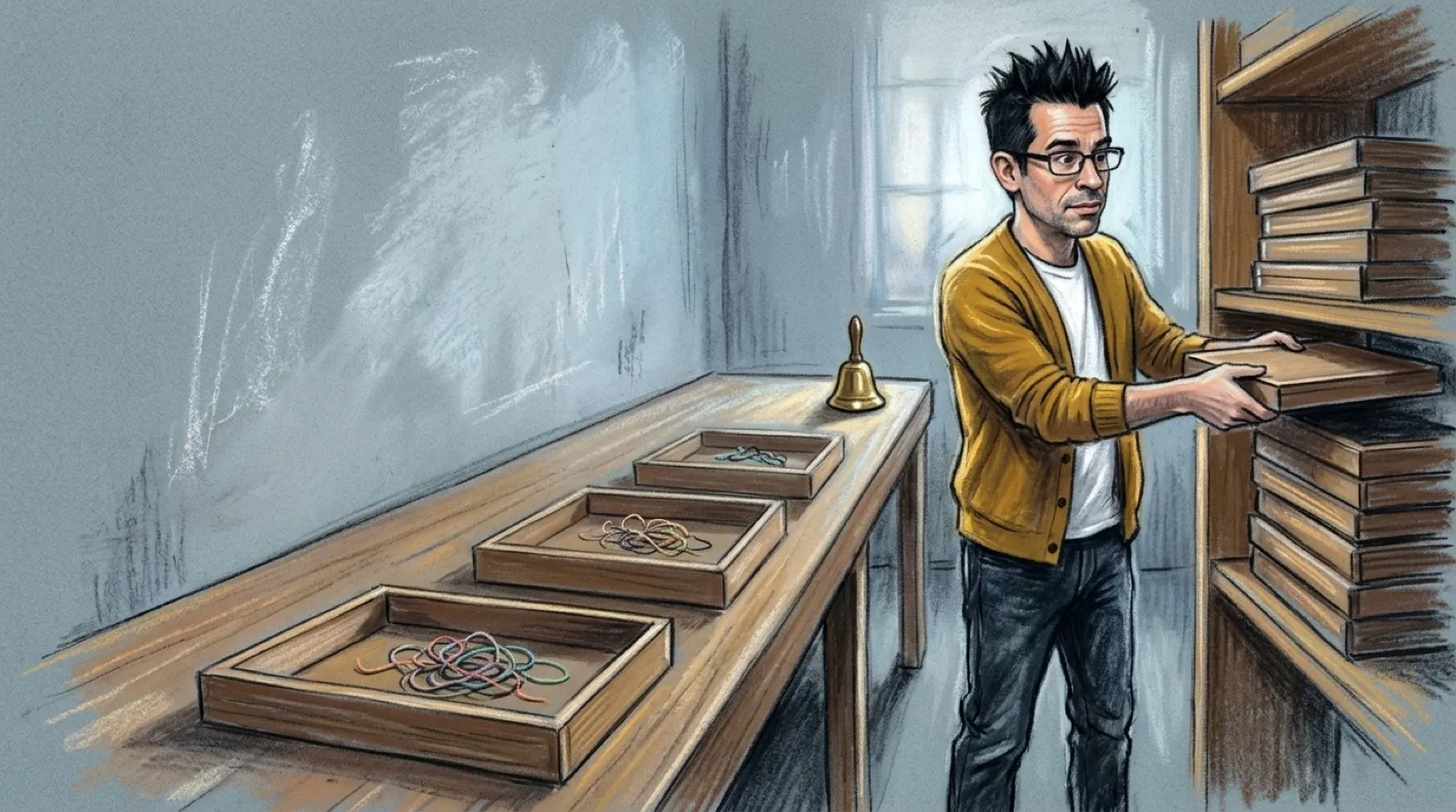 Chris Pirillo in chalk pastel sliding a finished wooden tray onto a tall shelf while three other trays sit open on a long workbench