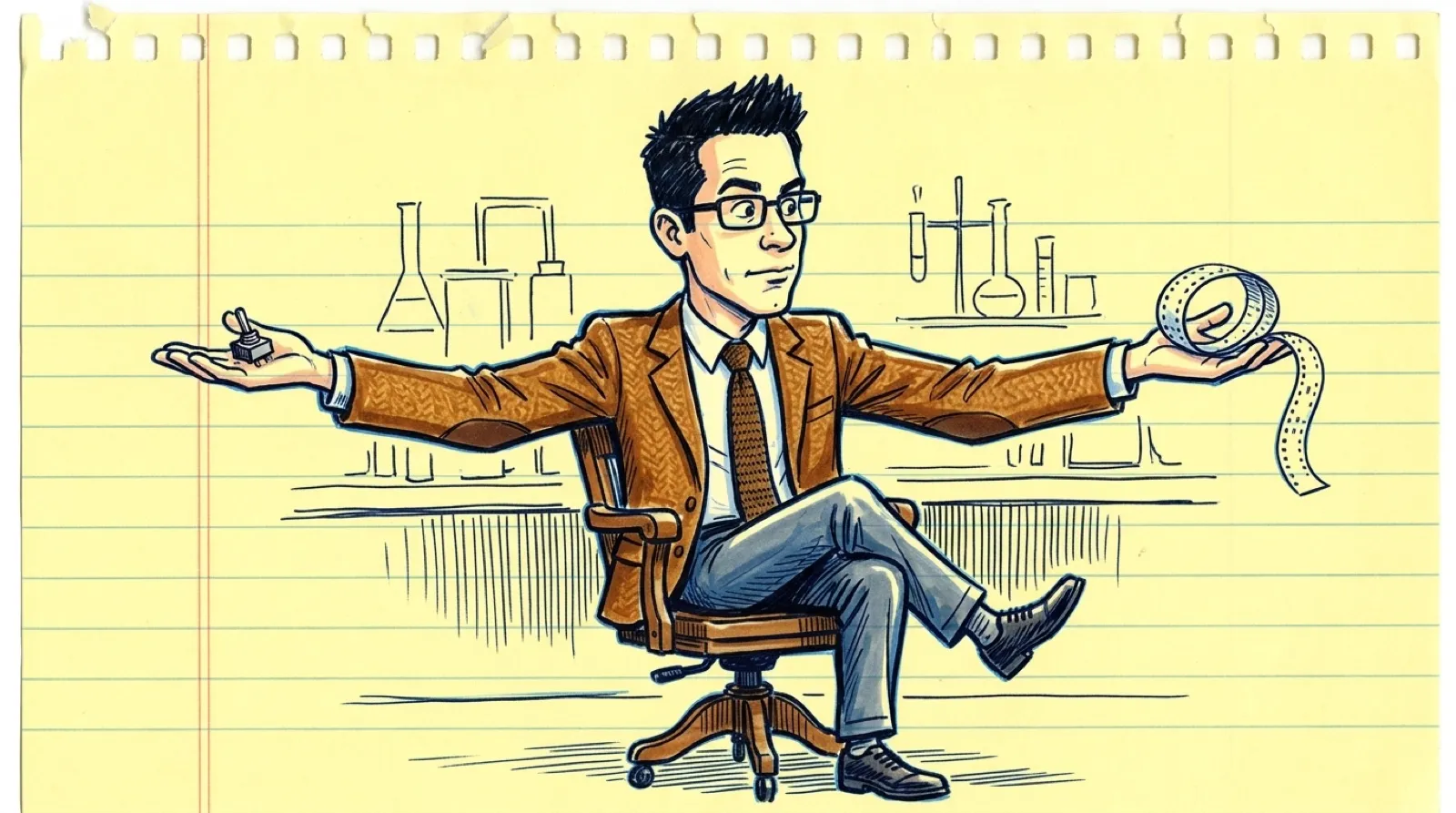 In a felt-tip marker drawing on a yellow legal pad, Chris sits in a wooden office chair balancing a tiny on-off switch in one hand and a curl of punched tape in the other.