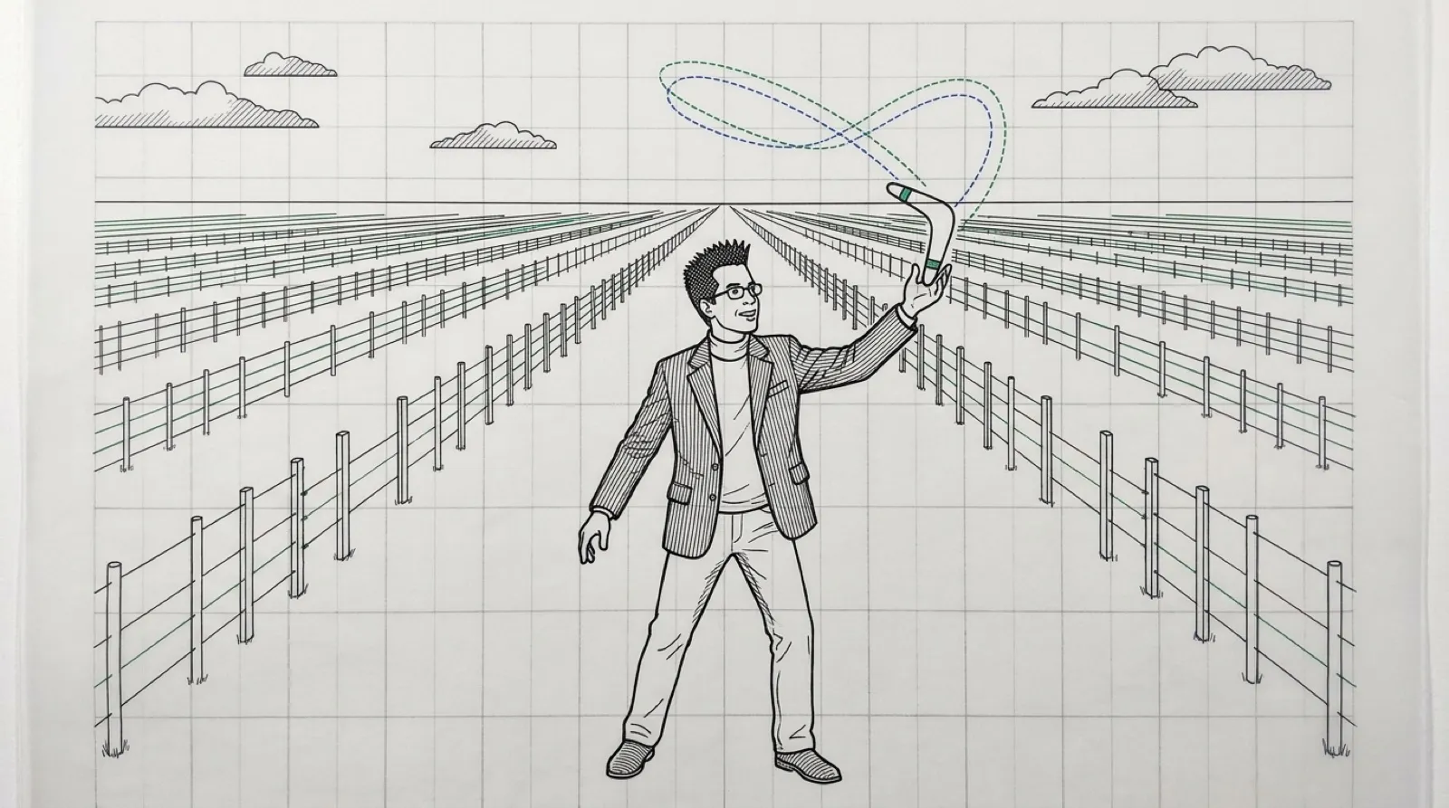 Chris catches a boomerang that looped right back to him, alone in an endless fenced-off empty field.