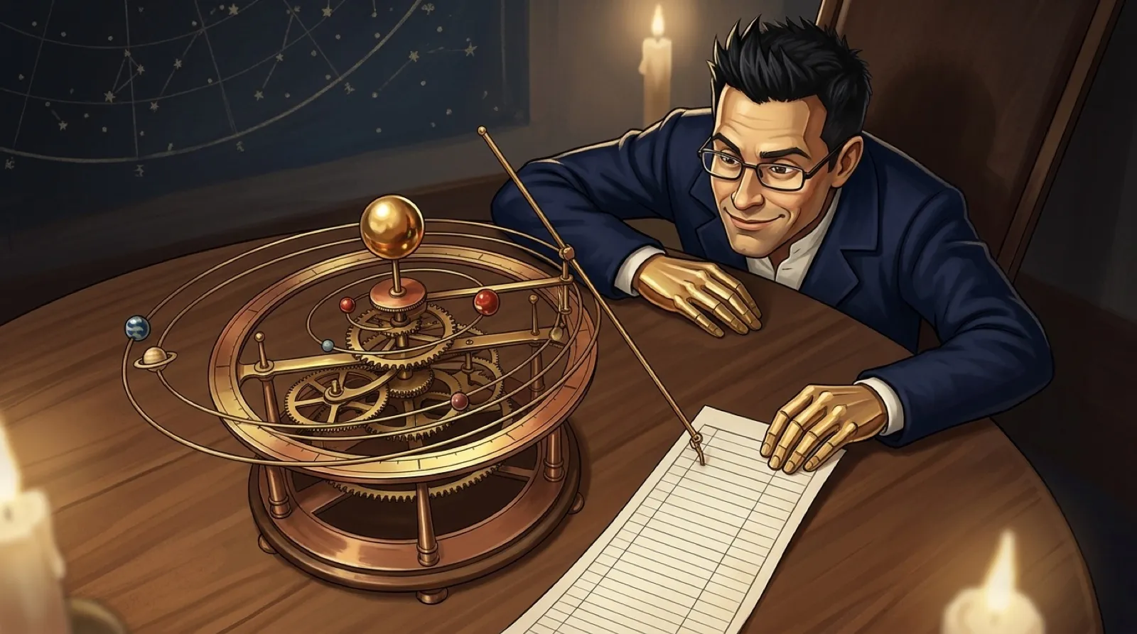 Chris Pirillo at a round wooden table sliding a ruled sheet of measurements toward a brass orrery whose planets swing on elliptical arms