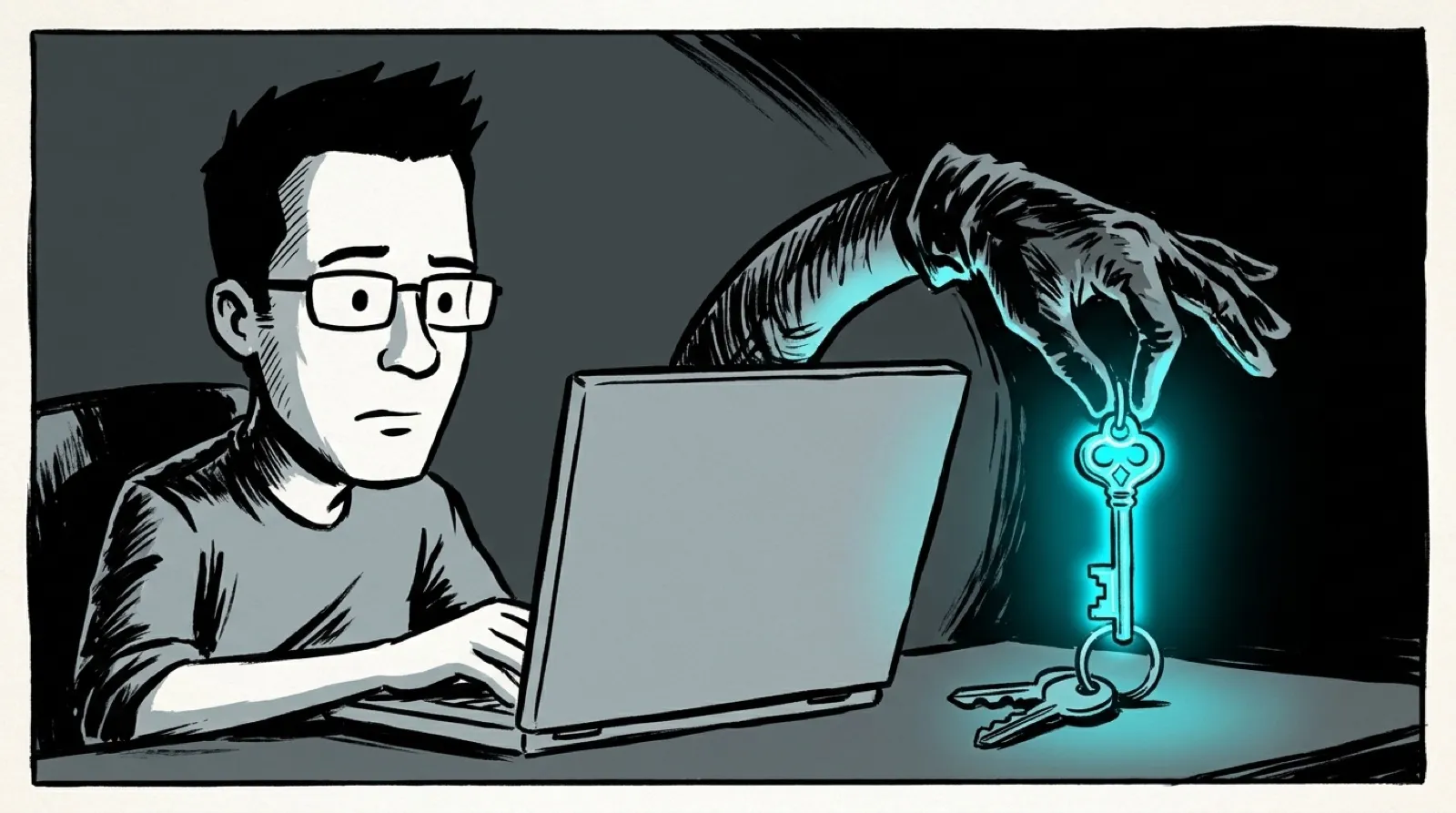 Film noir comic ink drawing of Chris at a laptop while a stranger's gloved hand reaches out of the screen to slip a glowing key onto his key ring.