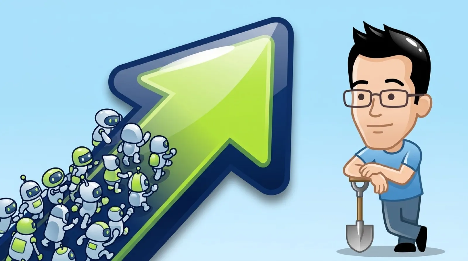 Chris Pirillo, in a glossy 2010-style vector drawing, holds a shovel and watches a swarm of little robots pile onto a giant up-vote arrow