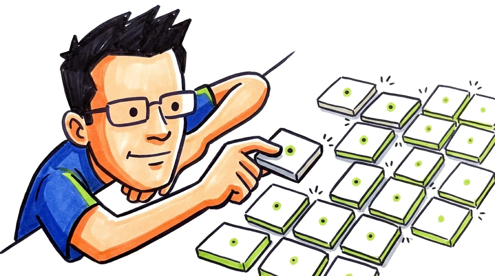 Felt-tip marker drawing of Chris sliding one loose square key tile into a scattered grid of key tiles on a desk.