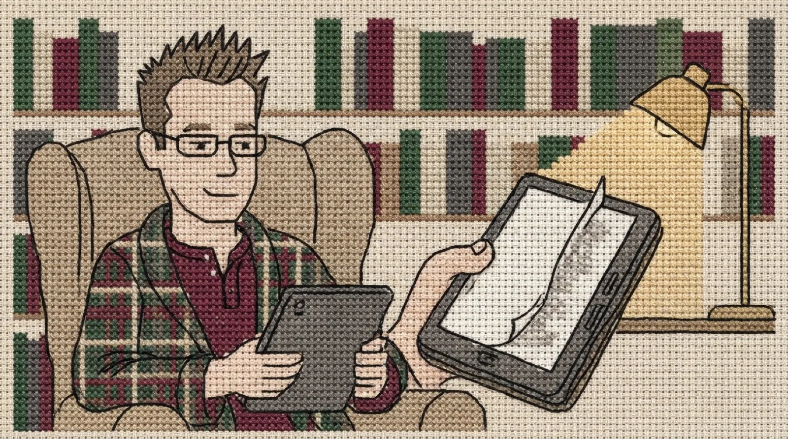 Chris Pirillo, stitched in cross-stitch on linen, reads in an armchair and presses a side button on his e-reader's cover to turn the page.