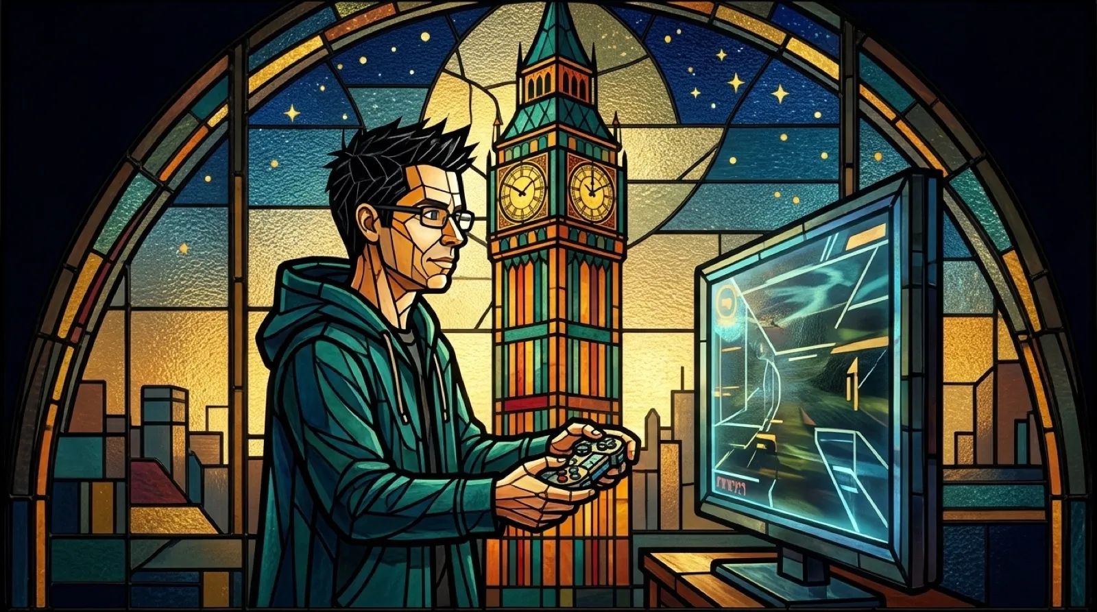 Chris, made of stained glass, plays a game on a PC gamepad beside a glowing clock-tower window