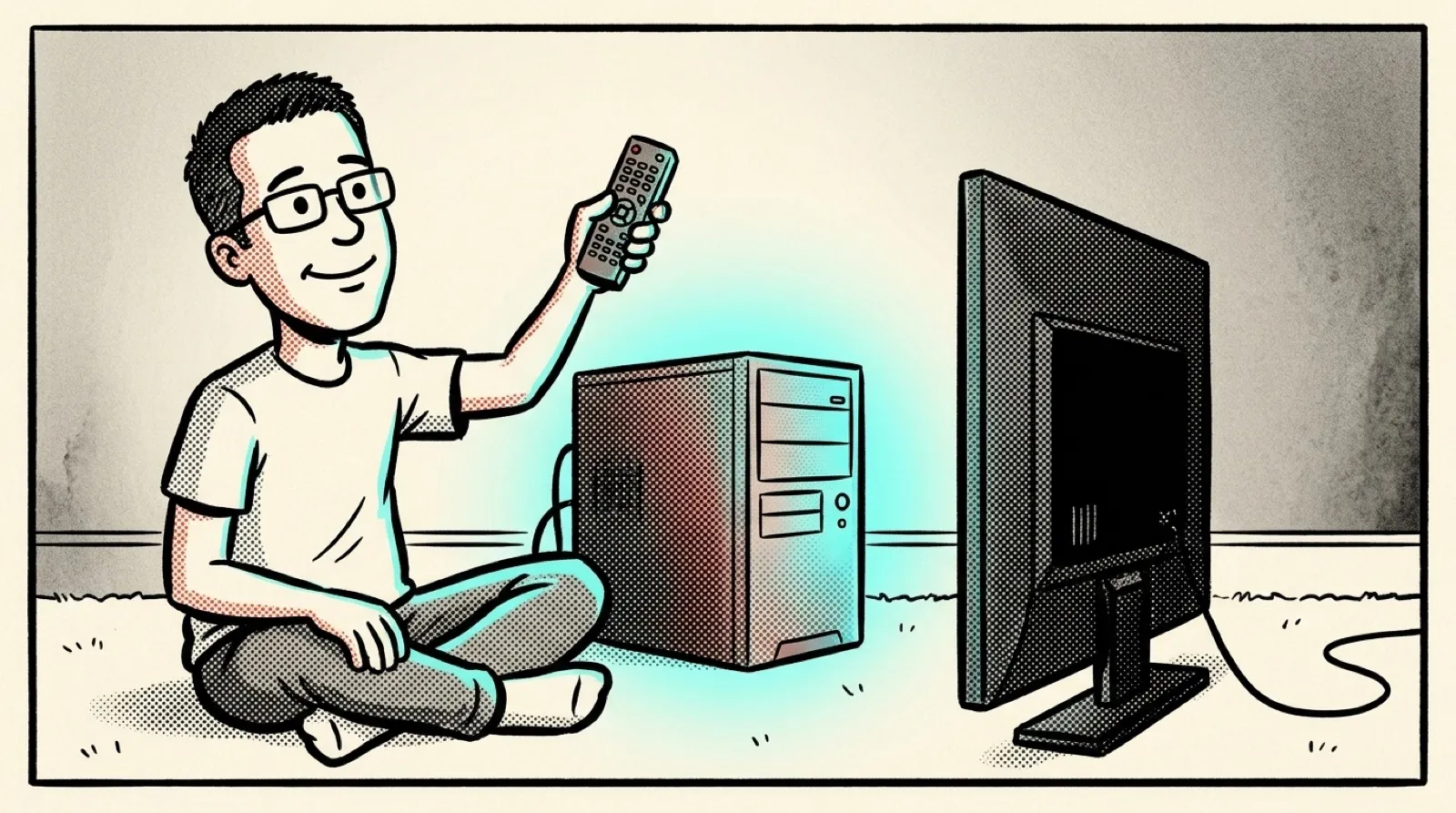 Comic-book halftone panel of Chris on a living-room floor holding a TV remote, a reclaimed tower PC glowing beside a television propped on the carpet, one thin network cable snaking off-panel.