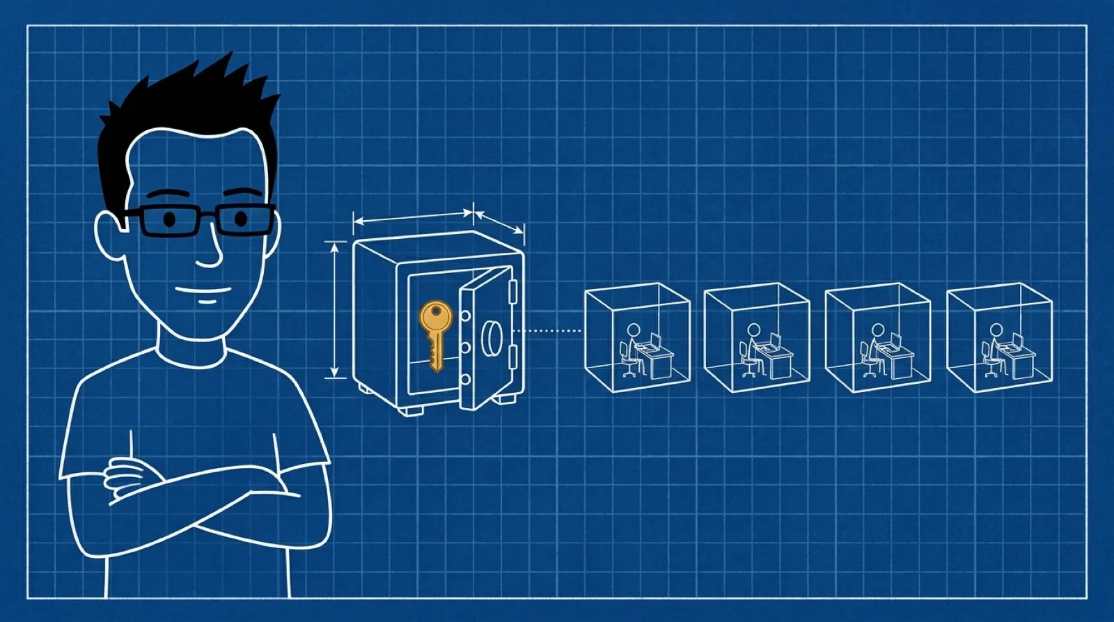Chris, arms folded, stands beside a row of small sealed glass boxes, each holding a tiny busy invented figure, while a key sits locked in a small safe outside them.