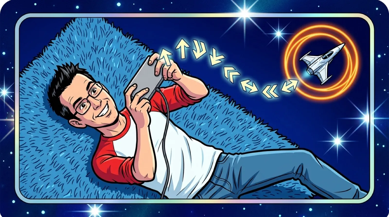 Chris, drawn as a glossy trading card illustration, lies on a rug pressing a gray game controller while arrows float above it and a small spaceship glows with power-ups.