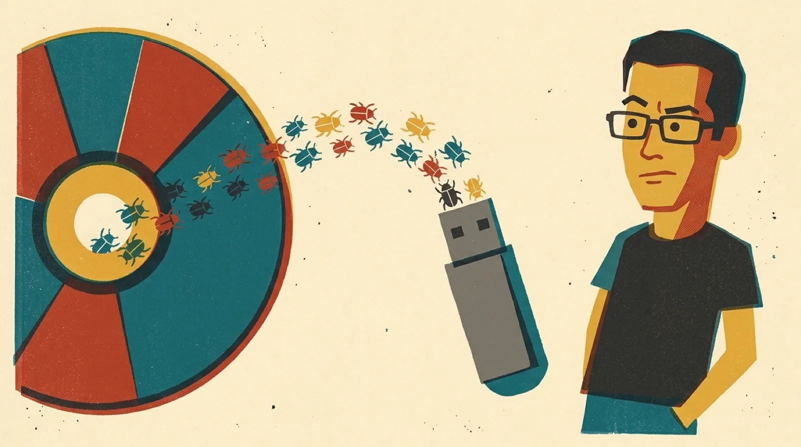 Silkscreen poster of Chris Pirillo eyeing a giant optical disc that spills small beetle shapes into a USB stick.