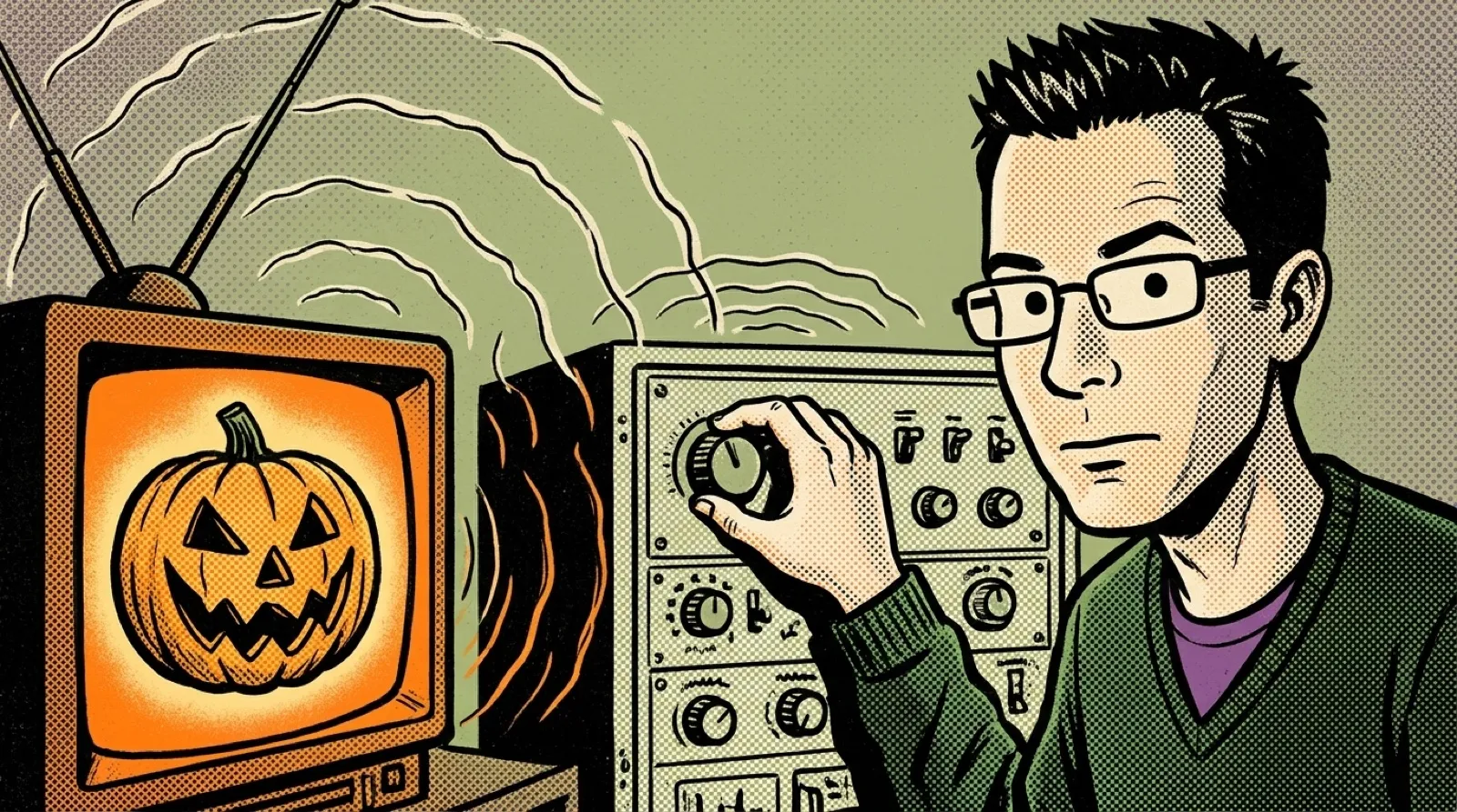 Chris adjusts a dial on a cable modulator box while an old TV glows with a jack-o'-lantern