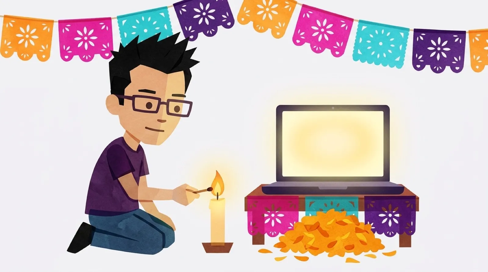 Chris Pirillo, cut from tissue paper, lights a candle on a small ofrenda altar where a glowing laptop sits beside marigolds
