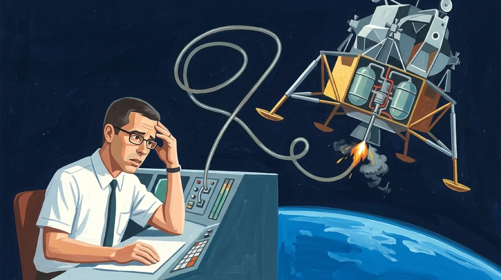 Gouache painting in the style of a 1960s aerospace cutaway: Chris Pirillo in a white short-sleeved shirt and narrow tie sits at a mission console, hand on his forehead, as a lunar lander's engine flame sputters out above the Earth.