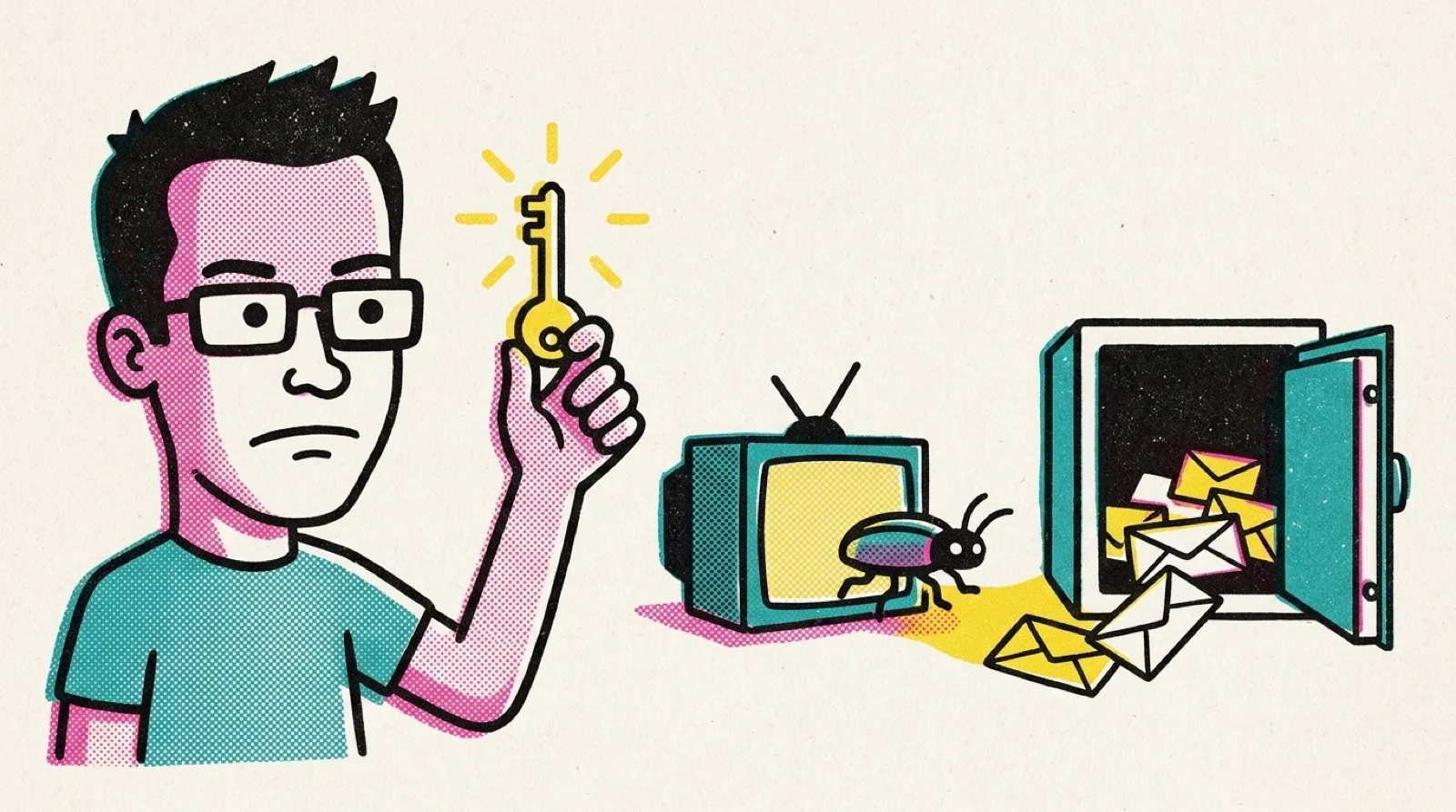 Chris Pirillo in risograph style holds up a glowing key while a cartoon keylogger bug creeps out of a streaming-app TV toward an open vault