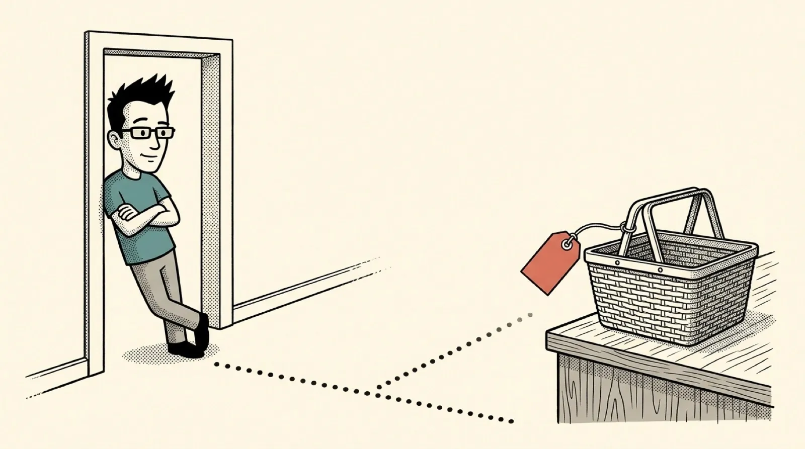 Chris leaning in a small shop doorway, arms folded, watching a dotted cursor path run from the door to a shopping basket on the counter, with a paper tag tied to the basket's handle