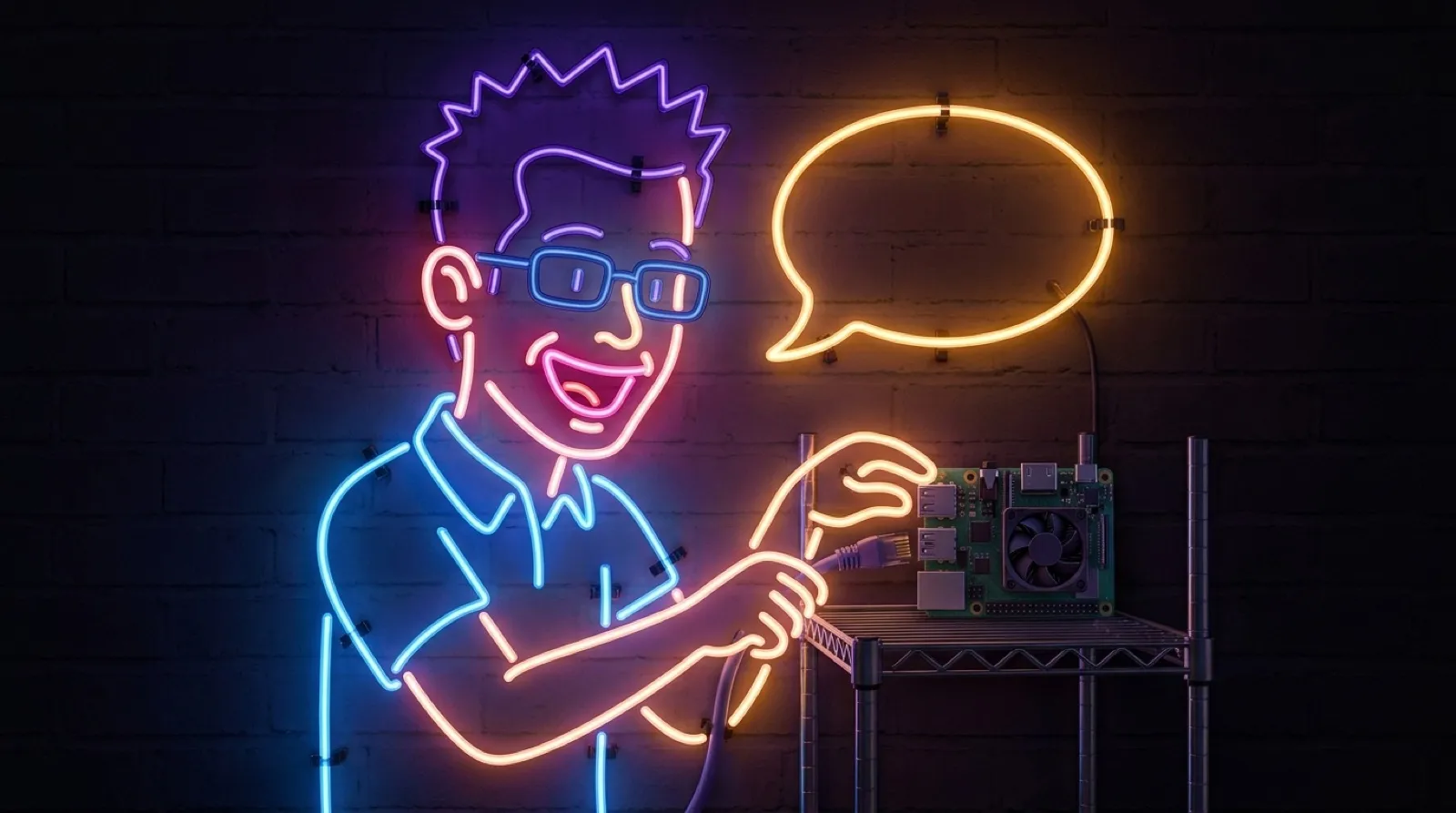 Bent neon tubing: Chris Pirillo in a polo shirt, outlined in glowing tubes, plugs a network cable into a palm-sized computer board on a rack shelf while an empty speech bubble glows above it.