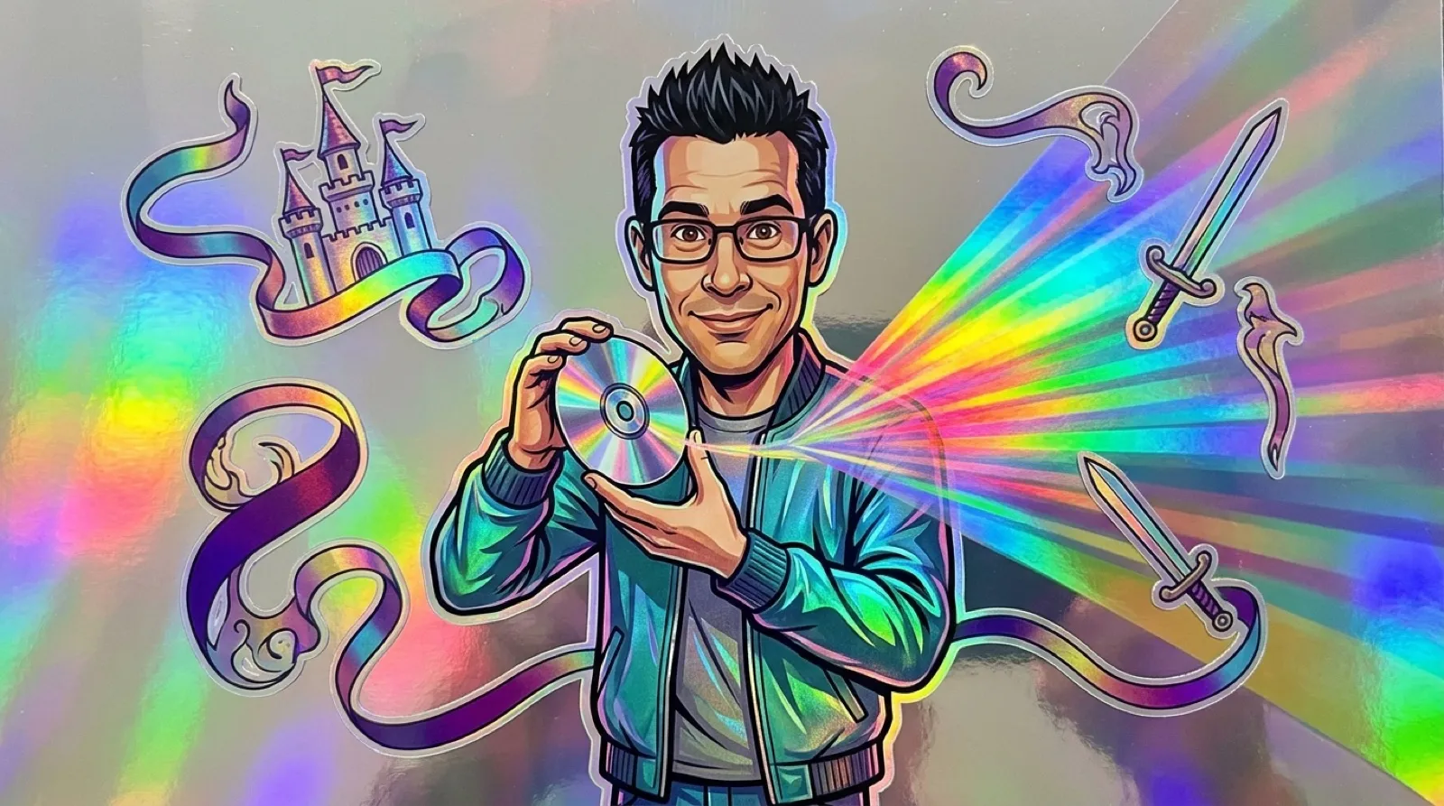 Chris rendered in holographic foil holding up a shiny disc that fans rainbow light, with foil ribbons of a castle and a sword unspooling from it.