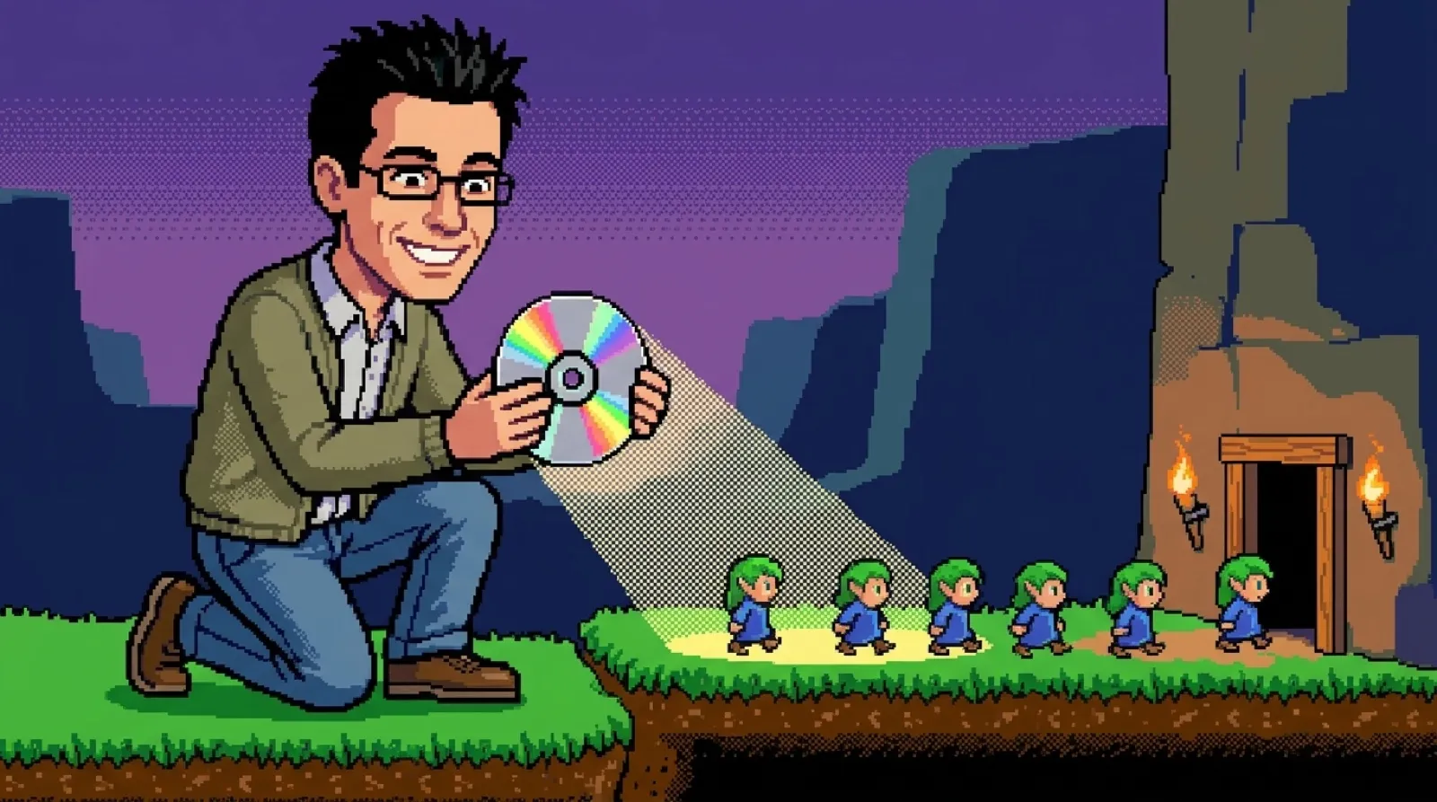 Chris Pirillo drawn as a chunky 1990s game sprite, kneeling at a grassy cliff edge and holding up a shiny CD while a line of tiny green-haired, blue-robed creatures marches past him toward a glowing wooden exit door