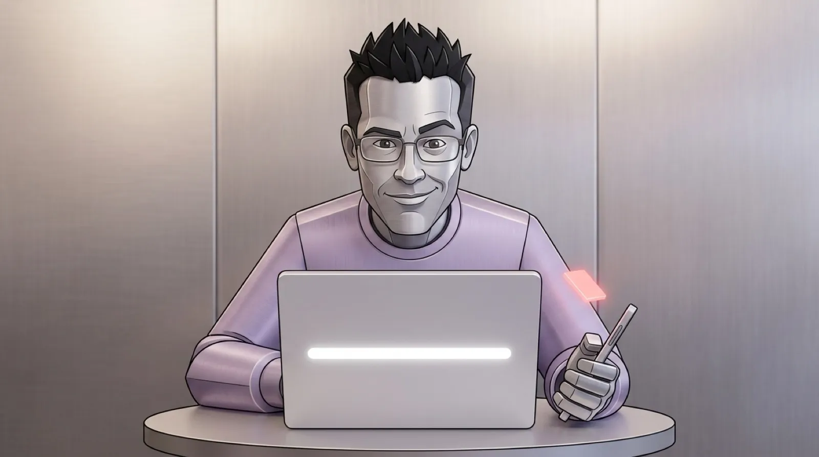 Chris Pirillo across a café table behind an open silver laptop whose lid glows with a light bar, holding up a phone as a small glowing file stalls halfway across the gap.